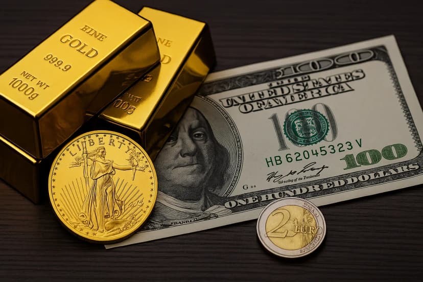 Gold and digital currency symbols